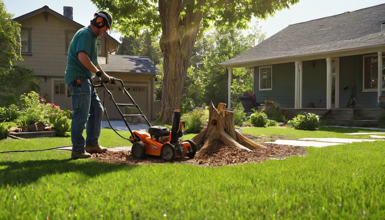 A friendly local provider grinding a tree stump in a Lindon backyard while the homeowner watches